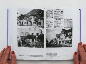 Double page du livre Bévilard dans l'Histoire comportant une grille de photographies. Les images représentent le Cheval Blanc et l'épicerie de la commune de Bévilard.