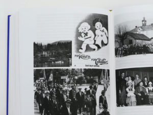 Photographies d'archives issues du livre Bévilard dans l'Histoire: marche ouvrière et publicité d'époque pour Kohler et Cailler.