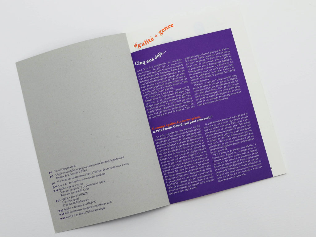 Cahier de plus petit format intégré à la brochure commémorative du Prix Emilie Gourd.