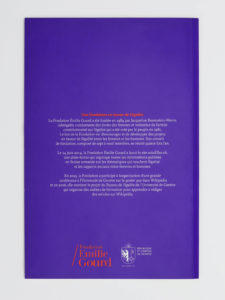 Quatrième de couverture de la brochure commémorative des 5 ans du Prix Emilie Gourd avec les logos de la Fondation Emilie Gourd et de la Republique et Canton de Genève