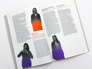 Portraits de Salomé Joly, Stéphanie Pereiras Gomes et Delphine Rosseti sur une double page de la brochure commémorative des 5 ans du Prix Emilie Gourd