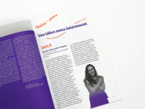 Vos idées nous intéressent, tour d'horizon des prix de 2012 à 2015 — Brochure commémorative du Prix Emilie Gourd - Portrait de Marine Alessandra Pasquier
