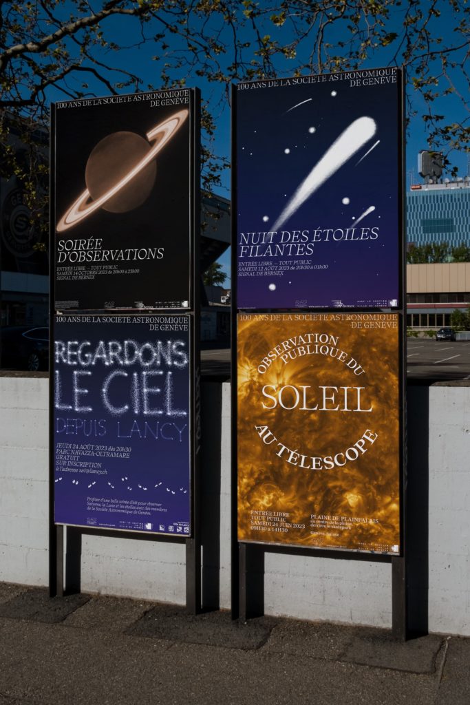 Affiches pour des évènements grand public organisés par la Société Astronomique de Genève