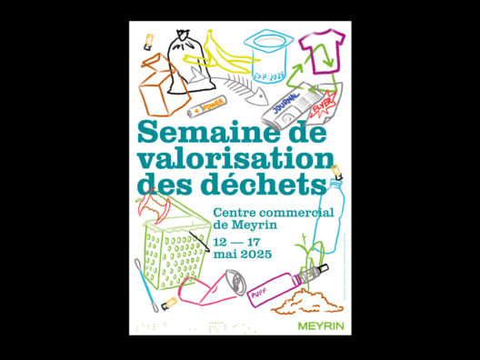 Affiche promotionnelle et panneau d'exposition pour la Semaine de Valorisation des Déchets de la Ville de Meyrin. Des illustrations en lignes claires et colorées se superposent. Illustrations par L. Cornaglia de Studio Ludivine.